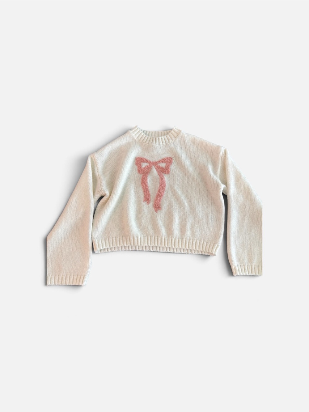 Kids Cream Crewneck Sweater with Pink Bow Detail